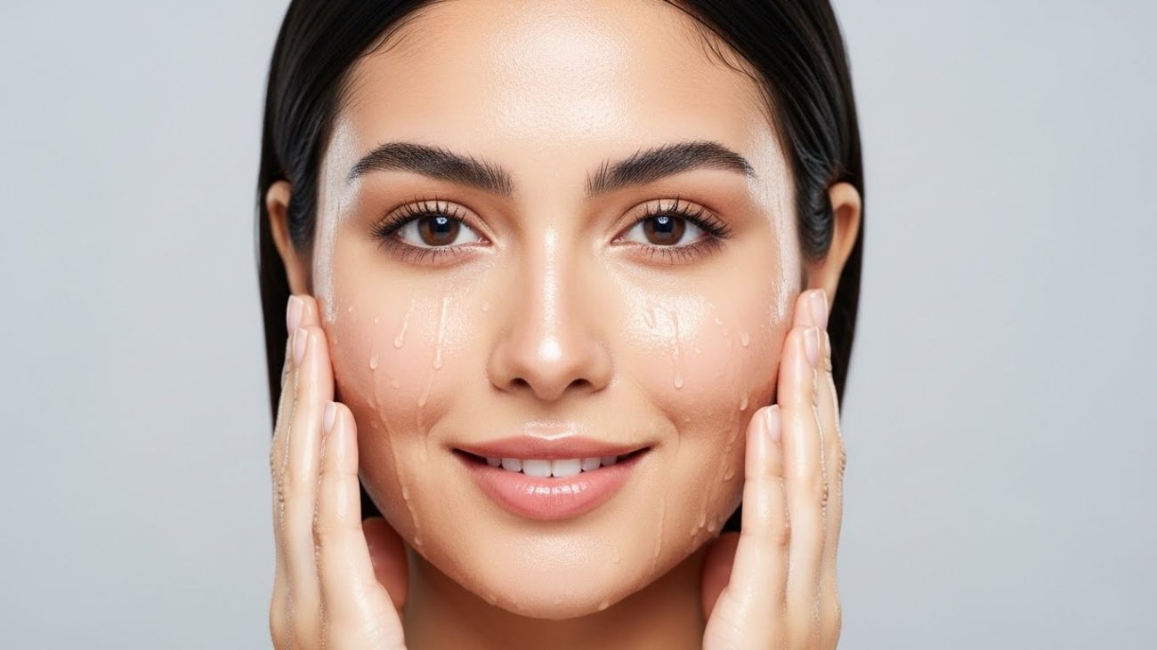 "A beauty portrait of a radiant young Iranian woman who has just washed her face. Her skin is glowing, dewy, and perfectly hydrated, with a few tiny droplets of clean water on her cheeks. She has a gentle, confident smile and is looking directly at the camera. The lighting is soft and bright, emphasizing her healthy skin barrier. Clean, light gray background. Photorealistic, 8K, beauty photography style."